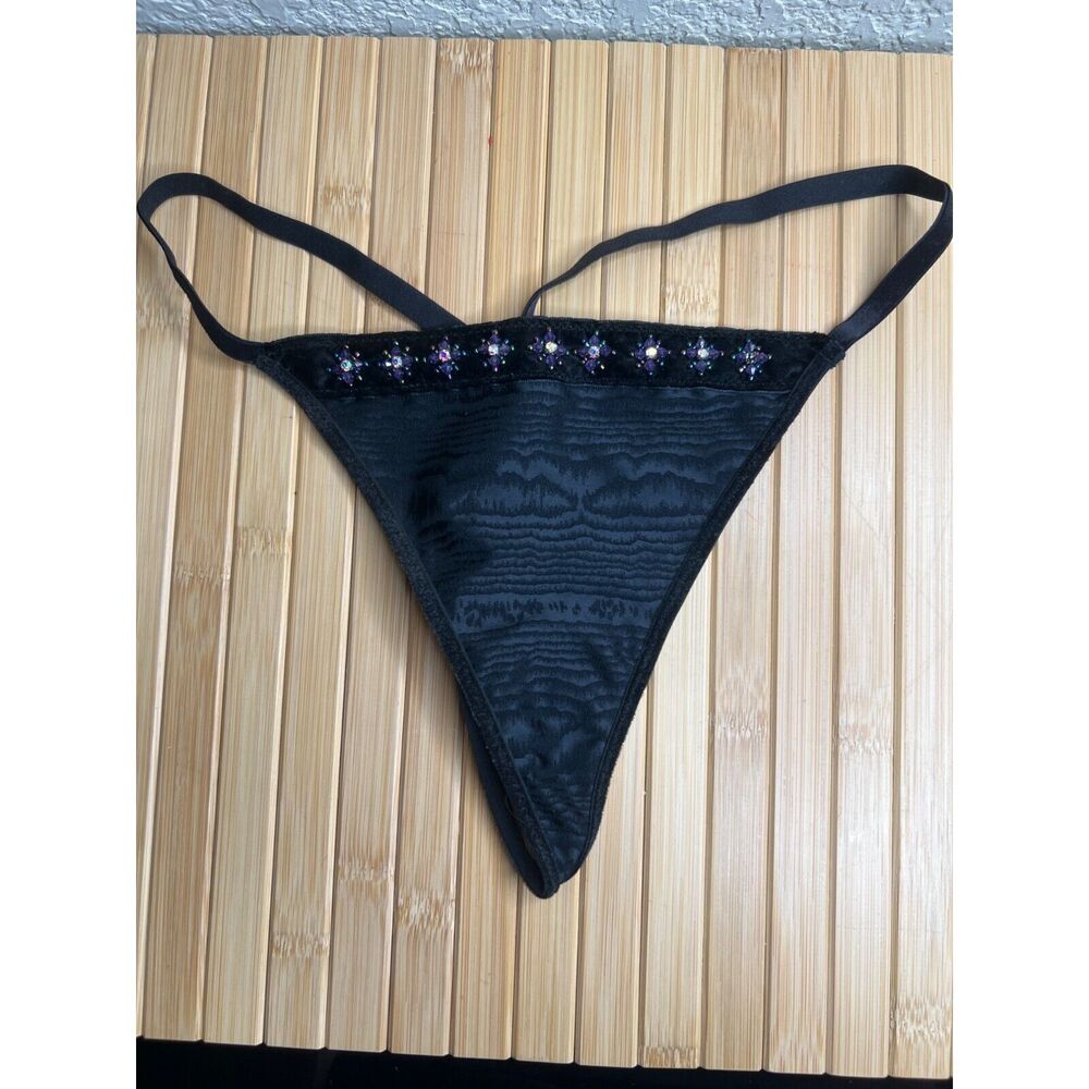NWT Victoria's Secret VERY SEXY Vintage Black V-String Panties Rhinestones Large